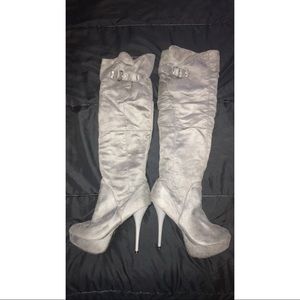 Over the knee, grey pump heeled boots